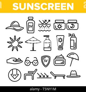 Sunscreen, UV Defence Vector Thin Line Icons Set Stock Vector