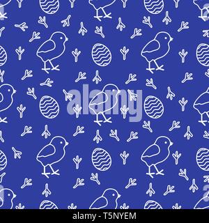 Seamless pattern with chicken, traces of chicken, decorated eggs. Happy Easter. Festive background. Design for banner, poster or print. Stock Vector