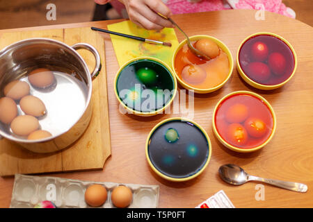 Dyed Easter eggs, High angle view of Easter Egg dying. Stock Photo