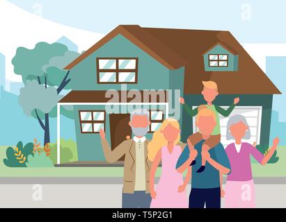 casual happy people family in front urban house home cartoon vector illustration graphic design Stock Vector