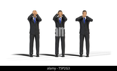 3 miniature figure businessmen in three wise monkeys pose isolated with shadow on white background (see no evil, hear no evil, speak no evil) Stock Photo