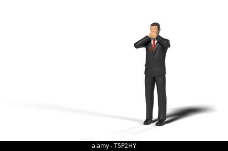toy miniature businessman figure covering his mouth in front of an empty space, concept isolated with shadow on white background