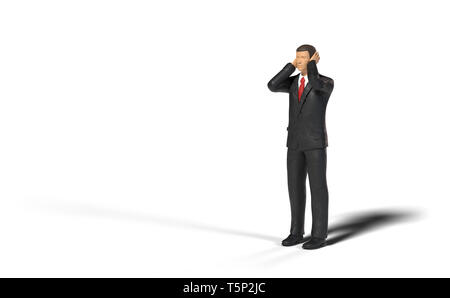 toy miniature businessman figure covering his ears in front of an empty space, concept isolated with shadow on white background