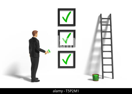 miniature figurine businessman character with checklist, ladder and green paint in front of a wall isolated on white background