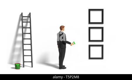 miniature figurine businessman character with checklist, empty frames, ladder and green paint in front of a wall isolated on white background Stock Photo