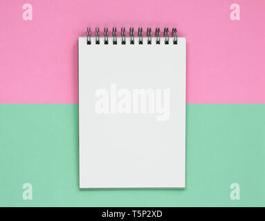 Open spiral notepad on a pink and green background. Flat lay with copy space. Stock Photo