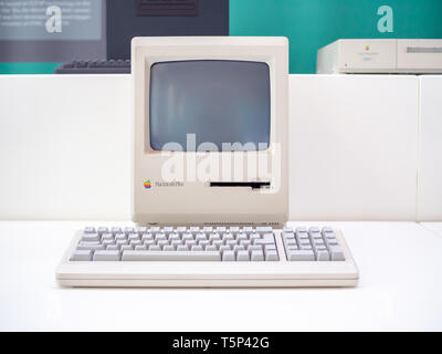 TERRASSA, SPAIN-MARCH 19, 2019: Apple Macintosh Plus Personal computer in the National Museum of Science and Technology of Catalonia Stock Photo