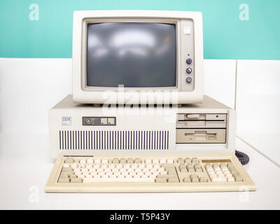 TERRASSA, SPAIN-MARCH 19, 2019: Monitor and keyboard of 1979 IBM 4341 ...