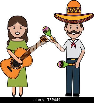 mexicans couple with mariachi hat and instruments vector illustration design Stock Vector