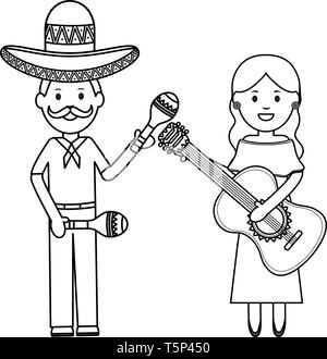 mexicans couple with mariachi hat and instruments vector illustration design Stock Vector