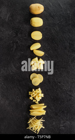 Different cuts of potatoes on a black textured background. Photo taken from above Stock Photo