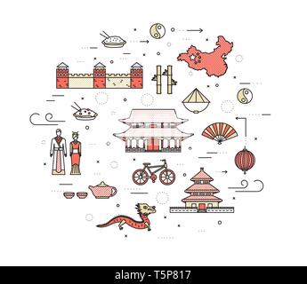 Country China travel vacation guide of goods, places in thin lines style design. Set of architecture, fashion, people, nature background concept. Infographic template for web and mobile on vector flat. Stock Vector