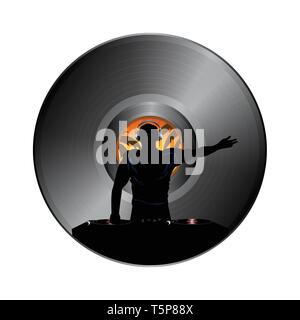 DJ Black Silhouette With Record Deck Turntables and Headphone Over Vinyl Record Disc on White Background Stock Vector