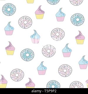 Illustration with donuts and cakes. Sweet dessert. Seamless pattern in flat style on white background Stock Vector