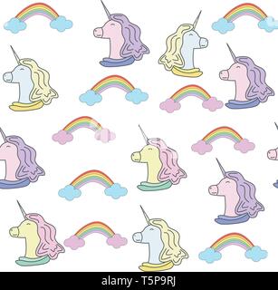 Seamless pattern with unicorns and rainbow. Magic horse on the white background Stock Vector