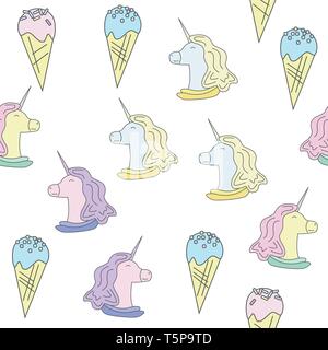 Seamless pattern with unicorns and ice-cream. Magic horse on the white background Stock Vector