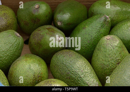 Overhead shot of four green avocados in a rectangular shaped straw fruit  basket Stock Photo - Alamy