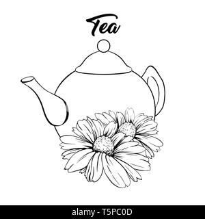 Porcelain or Ceramic Teapot Service. Mint Tea Leaves and Chamomile Flowers. Green Tea Cup. Isolated and Detailed Herbal Therapy Vector Illustration. Banner Design, Restaurant Menu, English Breakfast. Stock Vector