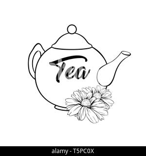 Porcelain or Ceramic Teapot Service. Mint Tea Leaves and Chamomile Flowers. Green Tea Cup. Isolated and Detailed Herbal Therapy Vector Illustration. Banner Design, Restaurant Menu, English Breakfast. Stock Vector