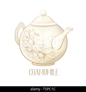 Porcelain or Ceramic Teapot Service. Mint Tea Leaves and Chamomile Flowers. Green Tea Cup. Isolated and Detailed Herbal Therapy Vector Illustration. Banner Design, Restaurant Menu, English Breakfast. Stock Vector