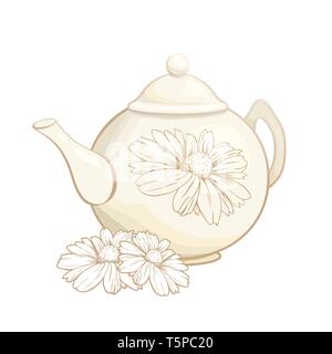 Porcelain or Ceramic Teapot Service. Mint Tea Leaves and Chamomile Flowers. Green Tea Cup. Isolated and Detailed Herbal Therapy Vector Illustration. Banner Design, Restaurant Menu, English Breakfast. Stock Vector