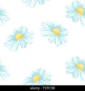 Daisy or Chamomile Tea Herb Flower Seamless Pattern. Herbal Therapy Wallpaper. Botany Plant, Matricaria Loose Herbs. Floral Blossom for Agriculture Packaging or Wrapping Paper Design. Stock Vector