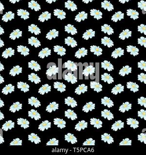 Daisy or Chamomile Tea Herb Flower Seamless Pattern. Herbal Therapy Wallpaper. Botany Plant, Matricaria Loose Herbs. Floral Blossom on Black Background Stock Vector
