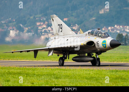 A Saab 35 Draken supersonic aircraft of the Swedish Air Force Historic Flight. Stock Photo