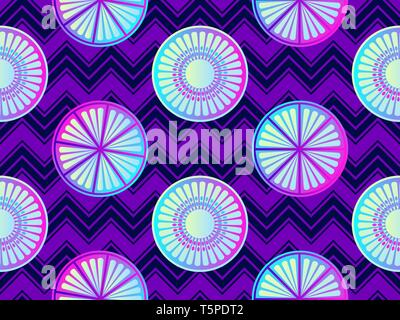 Seamless citrus with purple and pink gradient. Fruit on a background with zigzag lines. Vector illustration Stock Vector