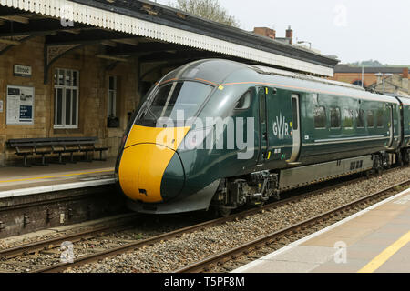 STROUD, ENGLAND - April 23, 2019: Great Western Railway engine arriving at the Stroud train station, cotswold area. Stock Photo