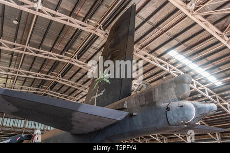 Darwin Australia - February 22, 2019: Australian Aviation Heritage Centre. Back end with vertical and horizontal stabilizers, rudder and guns of Boein Stock Photo