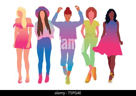 Set of pretty young women or girl dressed in stylish clothing-flat cartoon illustration. Female cartoon characters isolated on white background. Color Stock Vector
