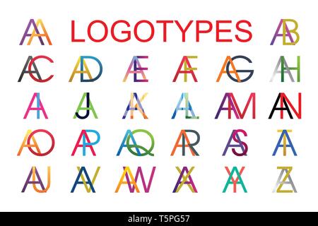 Logotype templates made from the combination of the letter A with all the letters of the English alphabet in different colors. Logo design from a comb Stock Vector