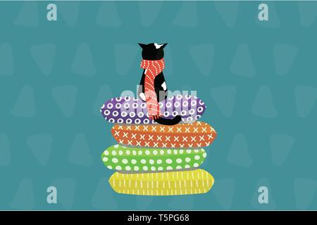cute cat in a scarf sitting on pillows - hand-drawn vector flat character illustration in cartoon style Stock Vector