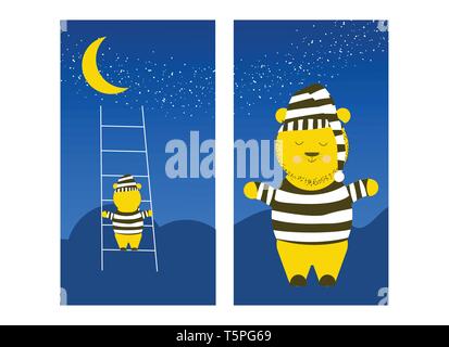 Cute Bear is climbing the moon. Sleepy bear is preparing to climb the moon to sleep. Vector flat cartoon illustration. Stock Vector