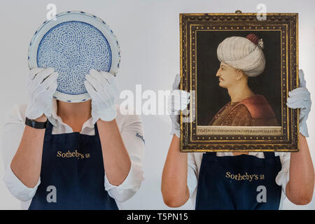 Sothebys, London, UK. 26th Apr 2019. A rare and important Iznik ‘Golden Horn’ Pottery Dish, Turkey, circa 1530 (illustrated above, est. £300,000-500,000) alongside A portrait of Suleyman the Magnificent, by a follower of Gentile Bellini, Italy, probably Venice, circa 1520 (est. £250,000-350,000)- A Preview of 1,200 Years of Middle Eastern Art at Sotheby's London. The auctions will take place on 30 April and 1 May. Credit: Guy Bell/Alamy Live News Stock Photo