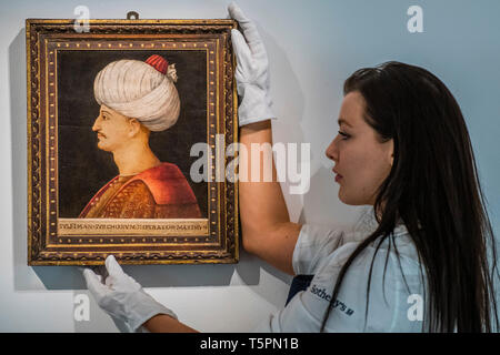 Sothebys, London, UK. 26th Apr 2019. A portrait of Suleyman the Magnificent, by a follower of Gentile Bellini, Italy, probably Venice, circa 1520 (est. £250,000-350,000) - A Preview of 1,200 Years of Middle Eastern Art at Sotheby's London. The auctions will take place on 30 April and 1 May. Credit: Guy Bell/Alamy Live News Stock Photo