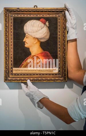 Sothebys, London, UK. 26th Apr 2019. A portrait of Suleyman the Magnificent, by a follower of Gentile Bellini, Italy, probably Venice, circa 1520 (est. £250,000-350,000) - A Preview of 1,200 Years of Middle Eastern Art at Sotheby's London. The auctions will take place on 30 April and 1 May. Credit: Guy Bell/Alamy Live News Stock Photo