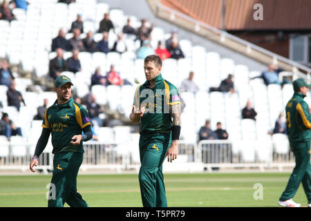 Nottingham, UK. 26th Apr, 2019. James Pattinson during the Royal London One-Day Cup match between Notts Outlaws and Leicestershire Foxes at Trent Bridge, Nottingham, England on 26 April 2019. Photo by John Mallett. Editorial use only, license required for commercial use. No use in betting, games or a single club/league/player publications. Credit: UK Sports Pics Ltd/Alamy Live News Stock Photo