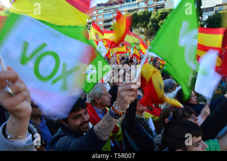 Rally of VOX, is seen during the electoral campaign on April 26, 2019 in Madrid, Spain.Tens of thousands attend the political act of the far-right party VOX. This is a Spanish political party founded in 2013 According to the forecasts, VOX will be part of the new Spanish government. The Spanish Government holds trial for several politicians in Catalonia for political activities for independence.Protesters are demanding the release of jailed Catalonian political leaders as well as a new referendum on independence. Credit: Jorge Rey/MediaPunch Stock Photo