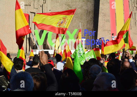 Rally of VOX, is seen during the electoral campaign on April 26, 2019 in Madrid, Spain.Tens of thousands attend the political act of the far-right party VOX. This is a Spanish political party founded in 2013 According to the forecasts, VOX will be part of the new Spanish government. Credit: Jorge Rey/MediaPunch Stock Photo