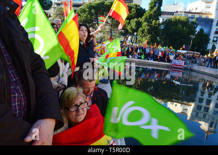 Rally of VOX, is seen during the electoral campaign on April 26, 2019 in Madrid, Spain.Tens of thousands attend the political act of the far-right party VOX. This is a Spanish political party founded in 2013 According to the forecasts, VOX will be part of the new Spanish government. Credit: Jorge Rey/MediaPunch Stock Photo