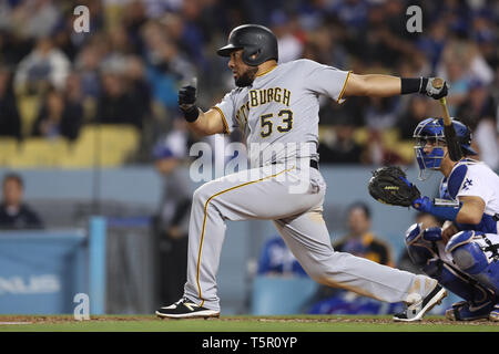 Los Angeles, CA, USA. 26th Apr, 2019. Pittsburgh Pirates center fielder Melky Cabrera (53) eyes his hit during the game between the Pittsburg Pirates and the Los Angeles Dodgers at Dodger Stadium in Los Angeles, CA. (Photo by Peter Joneleit) Credit: csm/Alamy Live News