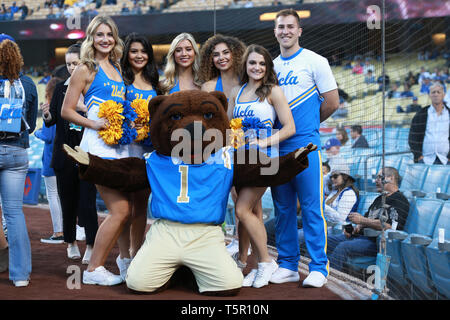 Los Angeles, CA, USA. 26th Apr, 2019. UCLA cheerleaders pose on UCLA night at Dodger Stadium during the game between the Pittsburg Pirates and the Los Angeles Dodgers at Dodger Stadium in Los Angeles, CA. (Photo by Peter Joneleit) Credit: csm/Alamy Live News
