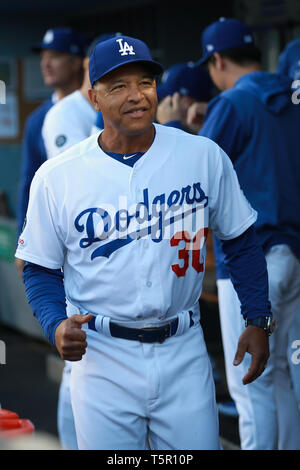 April 26, 2019:Los Angeles Dodgers manager Dave Roberts (30) smiles in the dugout before the game between the Pittsburg Pirates and the Los Angeles Dodgers at Dodger Stadium in Los Angeles, CA. (Photo by Peter Joneleit) Stock Photo