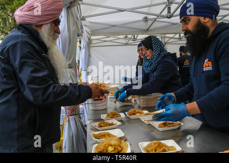 London, UK. 27th Apr, 2019. Vaisakhi, also known as Baisakhi, Vaishakhi, or Vasakhi is a historical and religious festival in Sikhism. It commemorates the formation of Khalsa panth of warriors under Guru Gobind Singh in 1699. It is additionally a spring harvest festival for the Sikhs.With Live music, free food for everybody, dance, Gatka, Sikh Martial arts, turban tying and cooking demos, a festival for all the family to enjoy in the heart of London @Paul Quezada-Neiman/Alamy Live News Credit: Paul Quezada-Neiman/Alamy Live News Stock Photo