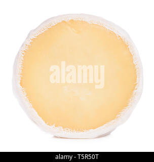 Soft round cheese wrapped in cheesecloth stand on its edge isolated on white background with shadow Stock Photo