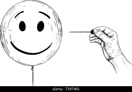 Cartoon drawing conceptual illustration of hand with needle or pin popping balloon with human face representing personality and mental health. Stock Vector