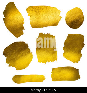 Gold paint stokes shiny like foil isolated on white background Stock Photo