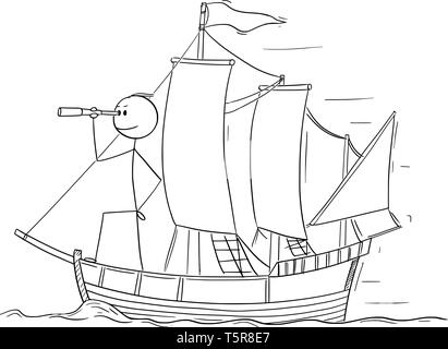 Cartoon stick figure drawing conceptual illustration of man or businessman standing as captain on the deck of sailing boat and looking through spyglass. Business concept of planning and future. Stock Vector